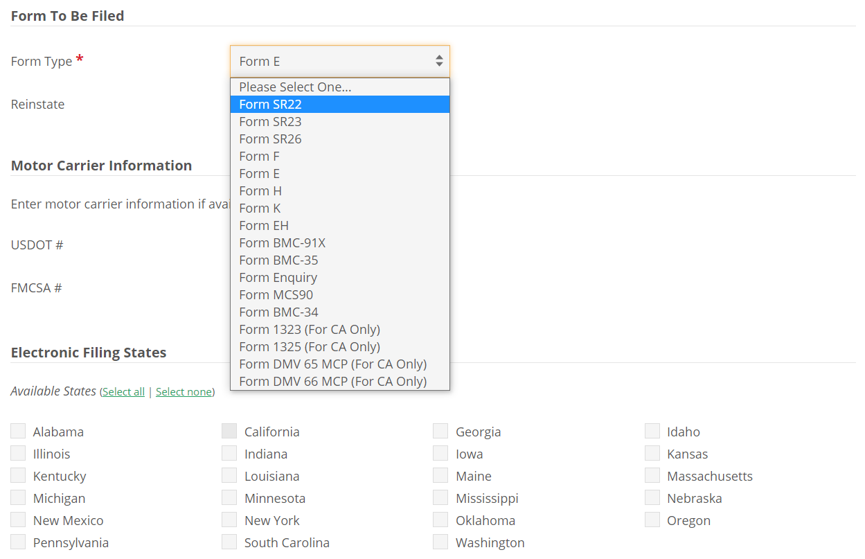 Screenshot of the create filing page.