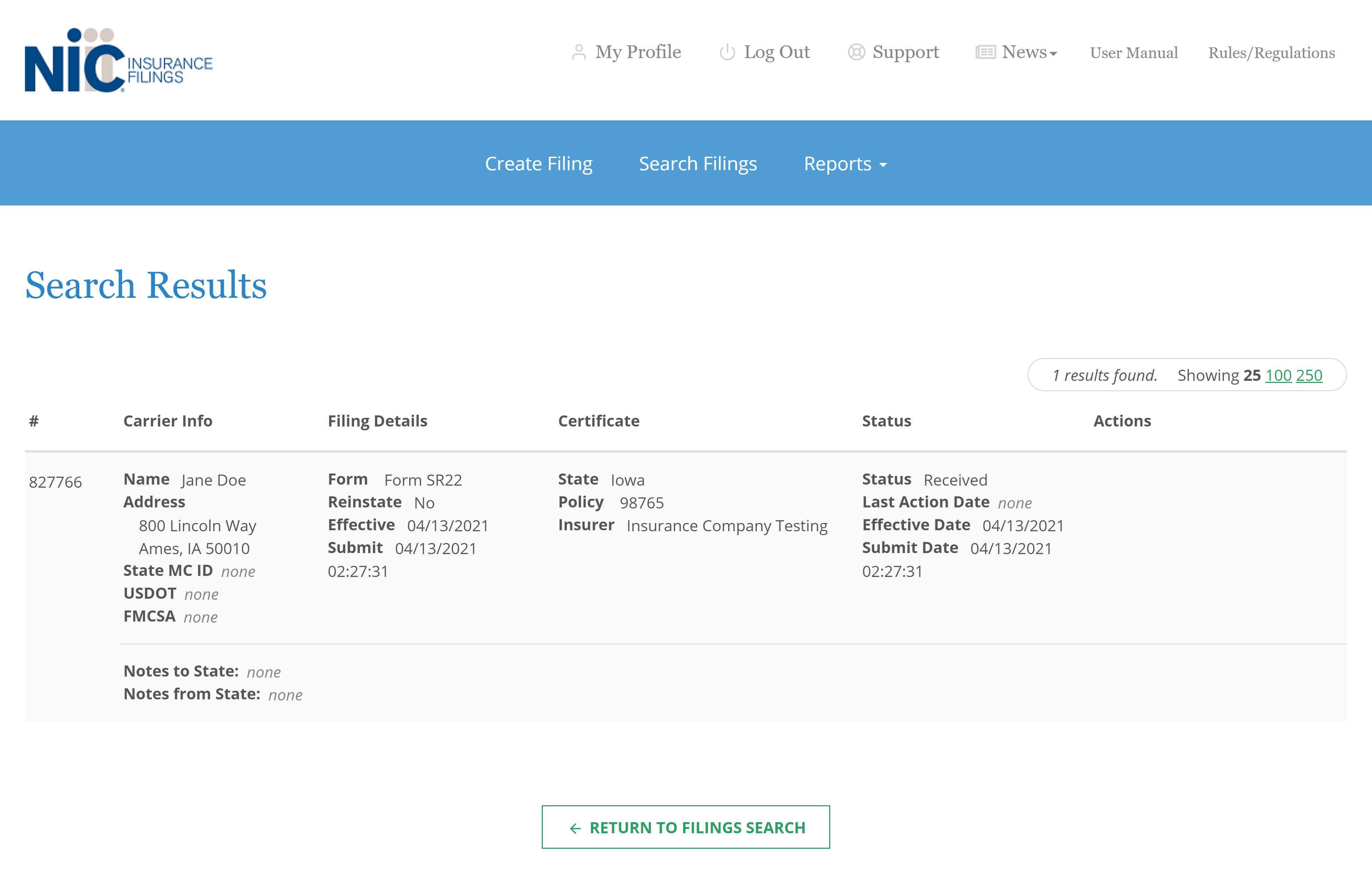 Screenshot of interface for Filings Search and Search Results.