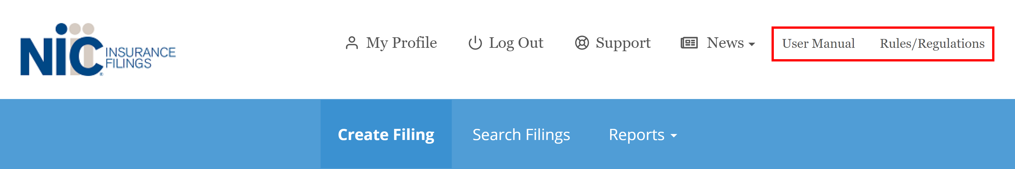 Screenshot of interface for Rules/Regulations available in primary navigation top right of page.