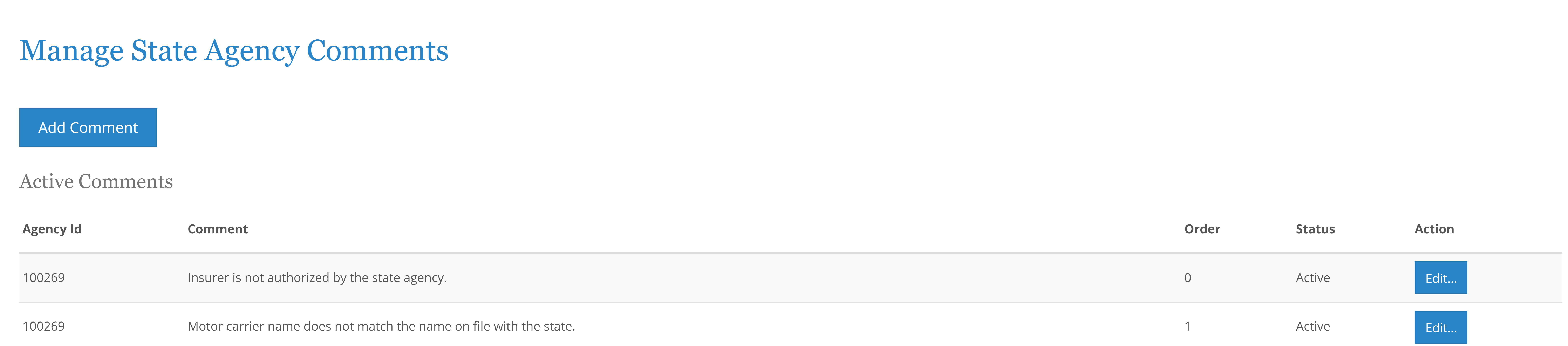 Screenshot of NIC Insurance Filings Manage State Agency Comments.