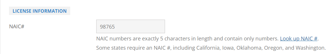 Screenshot of NIC Insurance Filings Update Filing Company License Information.