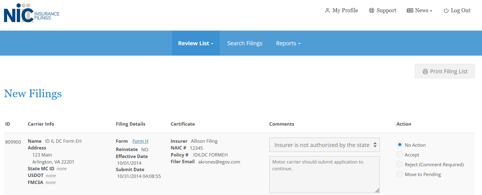 Screenshot of NIC Insurance Filings New Filings page.