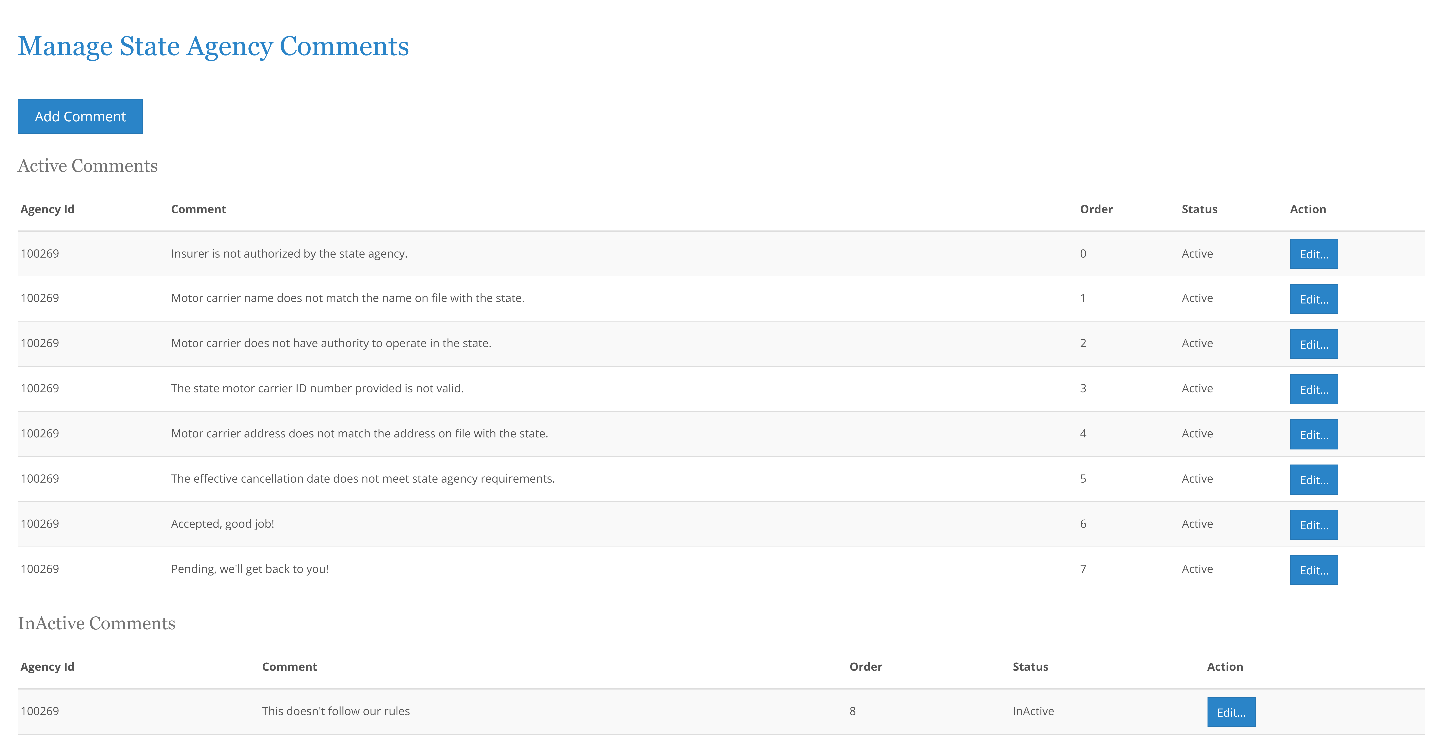 Screenshot of NIC Insurance Filings Manage State Agency Comments page.