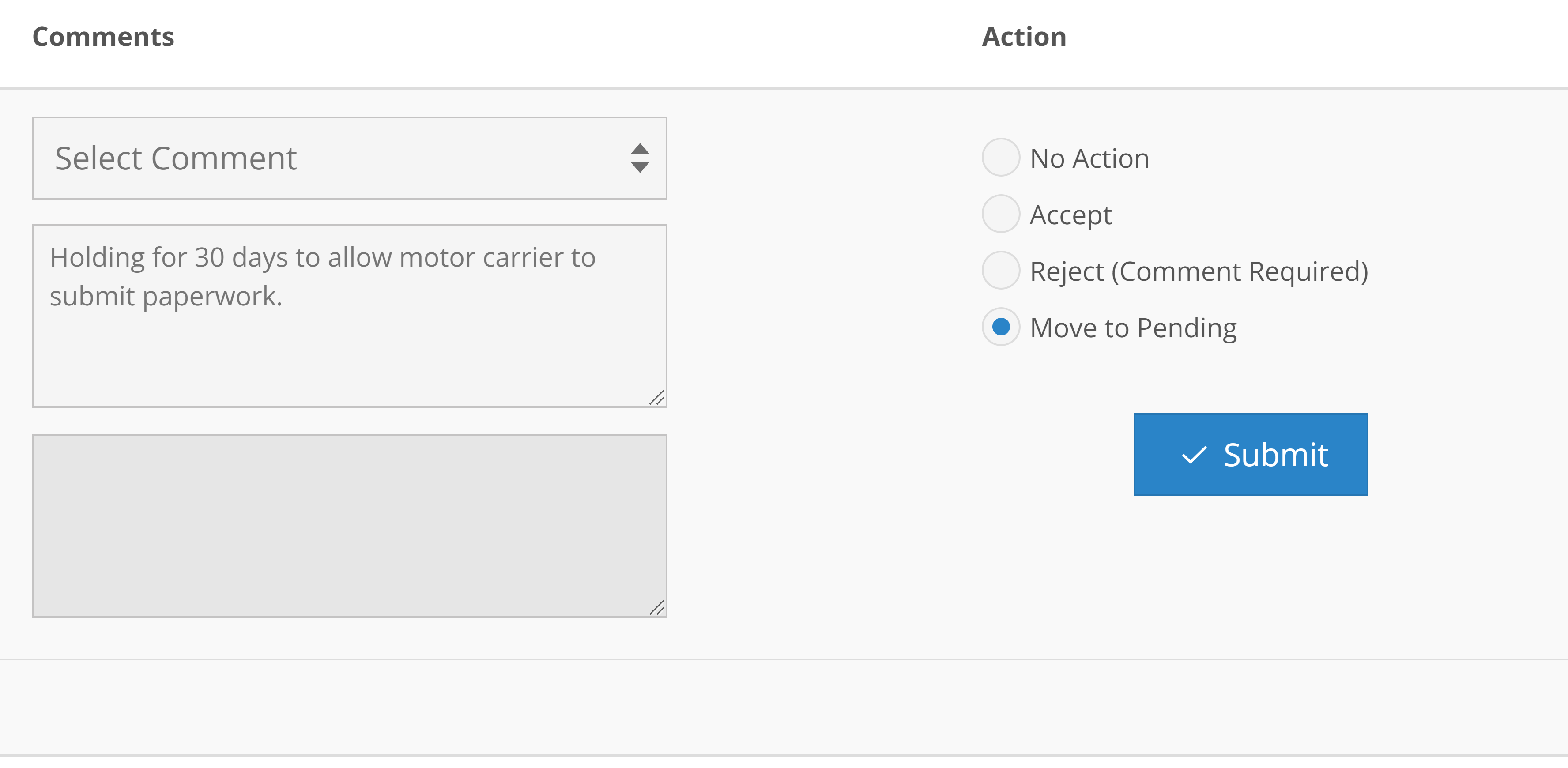 Screen shot showing comment section filled out in the New Filings For State User Single Submit page.