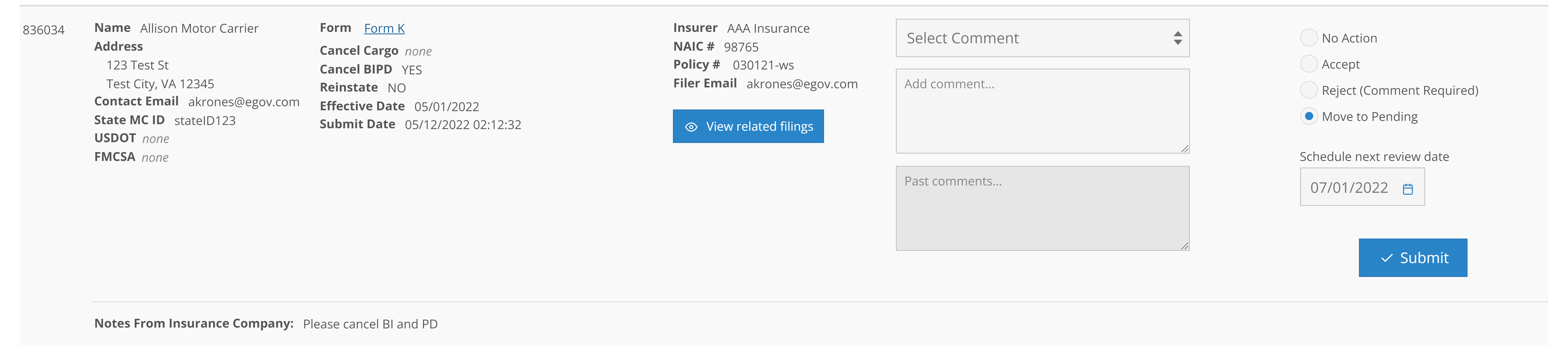 Screen shot showing Schedule next review date in the New Filings For State User Single Submit page.