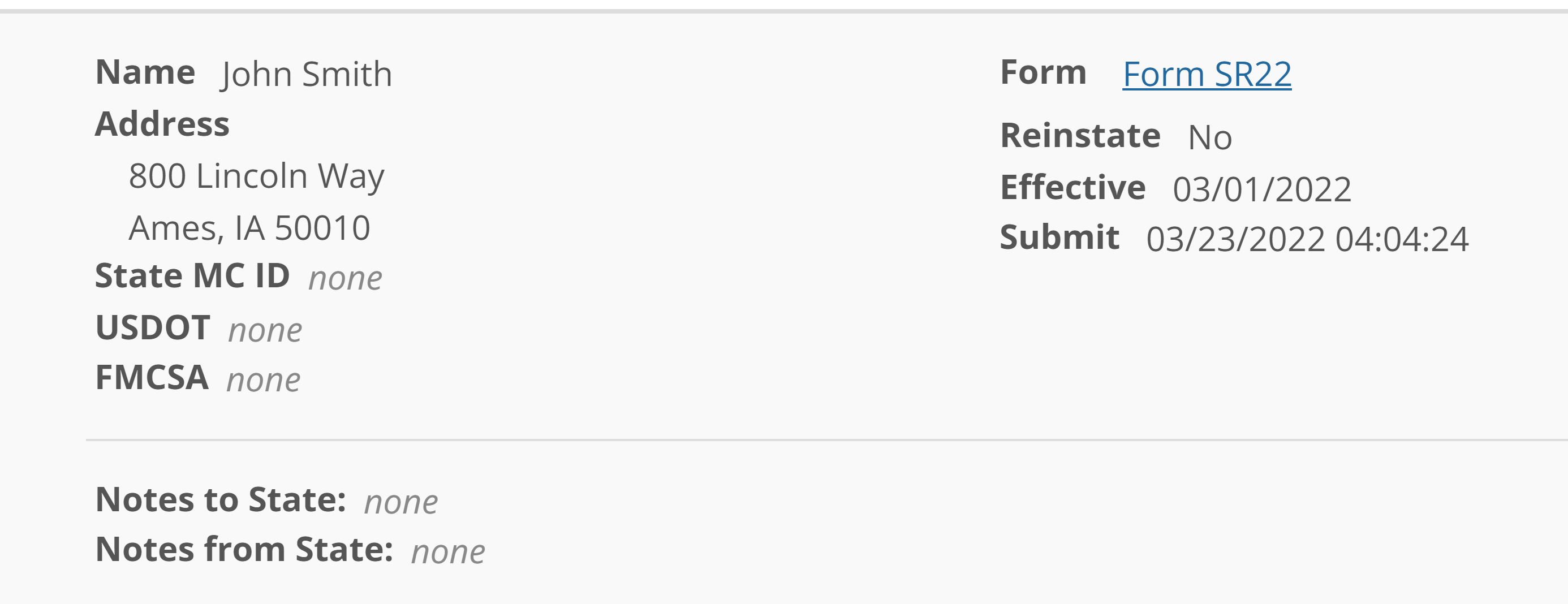 A screenshot showing Iowa SR22 results and a hyperlink to download the PDF