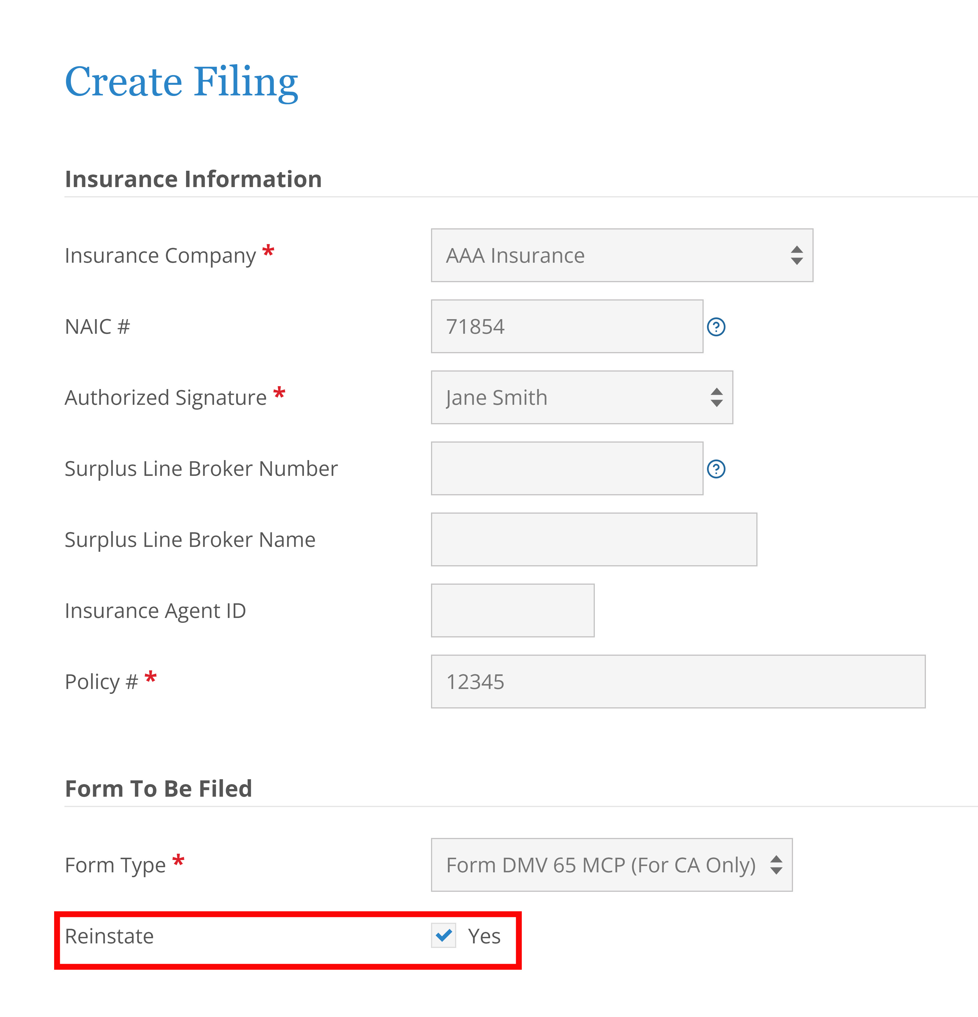 Screen shot showing MCP 65 filing with Reinstate check box autopopulated.