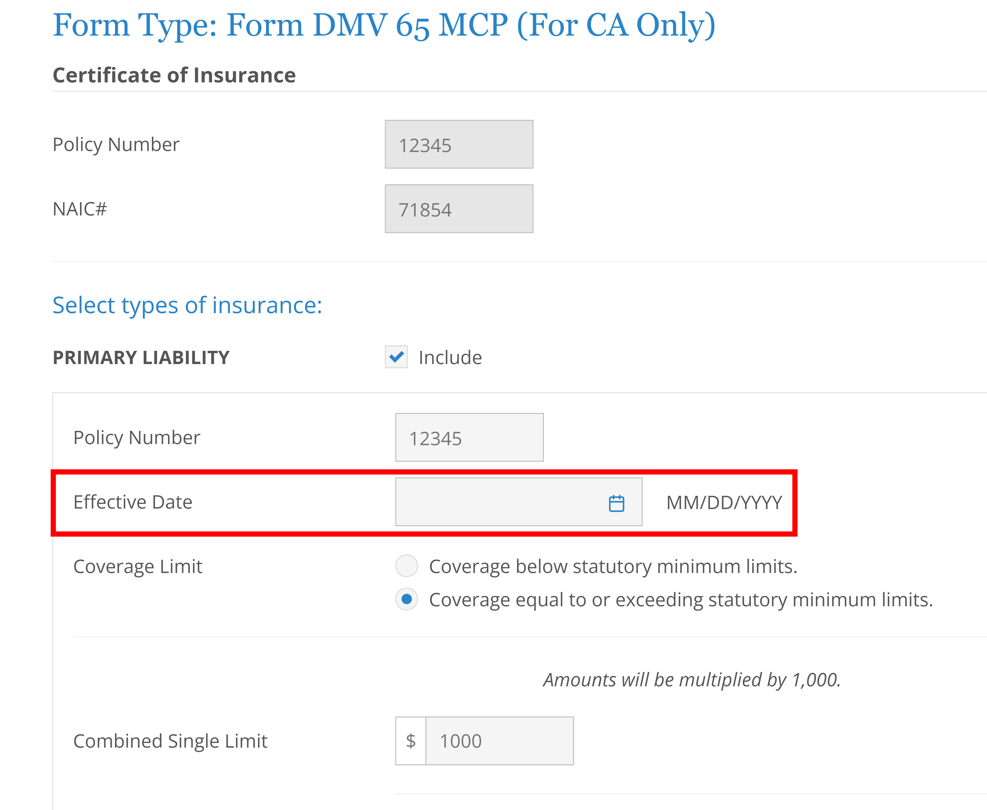 Screen shot showing MCP 65 filing with autopopulated data except Effective Date.