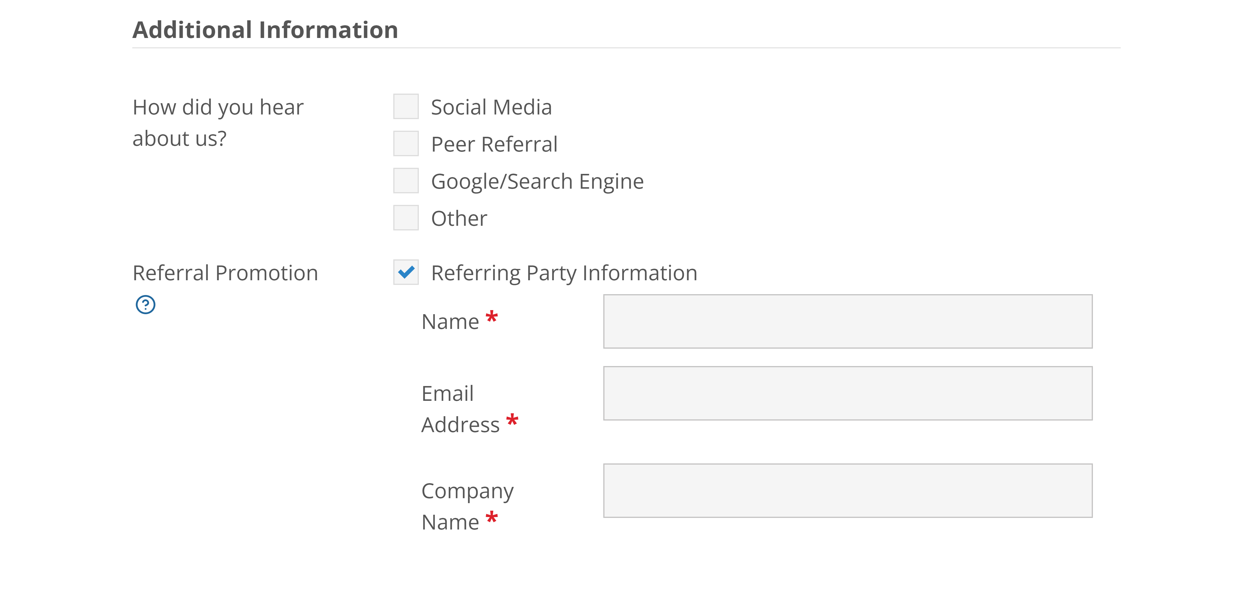 Screen shot showing Referral Promotion fields on the Insurance Company Signup page 1.