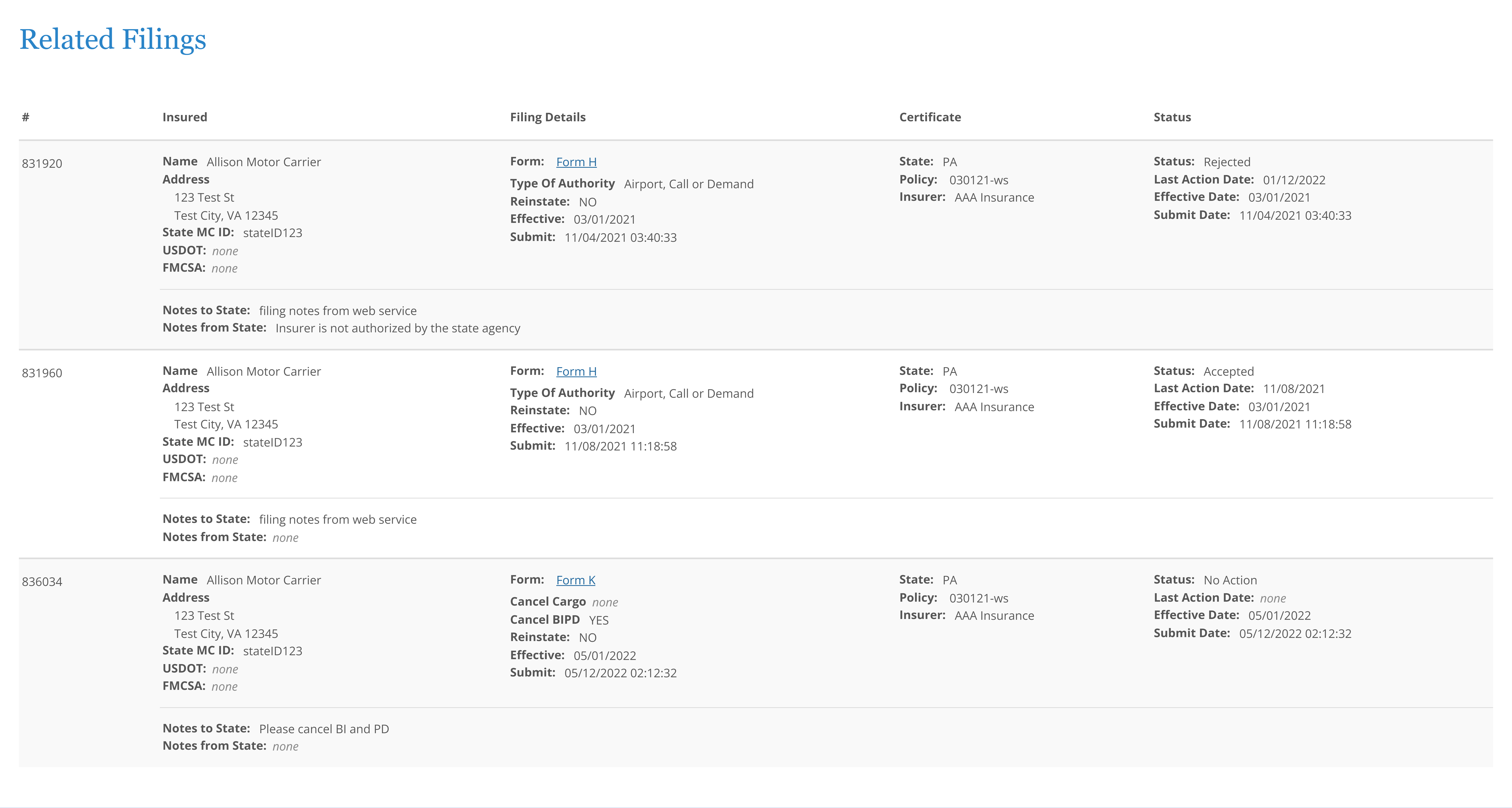 Screen shot showing Related Filings page.