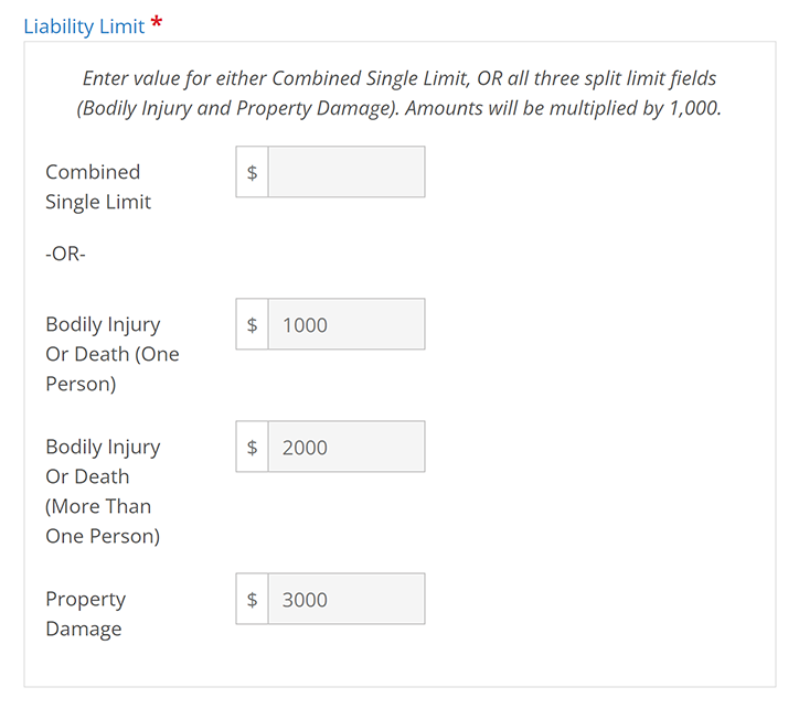 Screen shot showing new fields that allow users to enter split limit liability coverage.