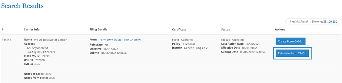 Screen shot showing button to autopopulate MCP 65 for California.