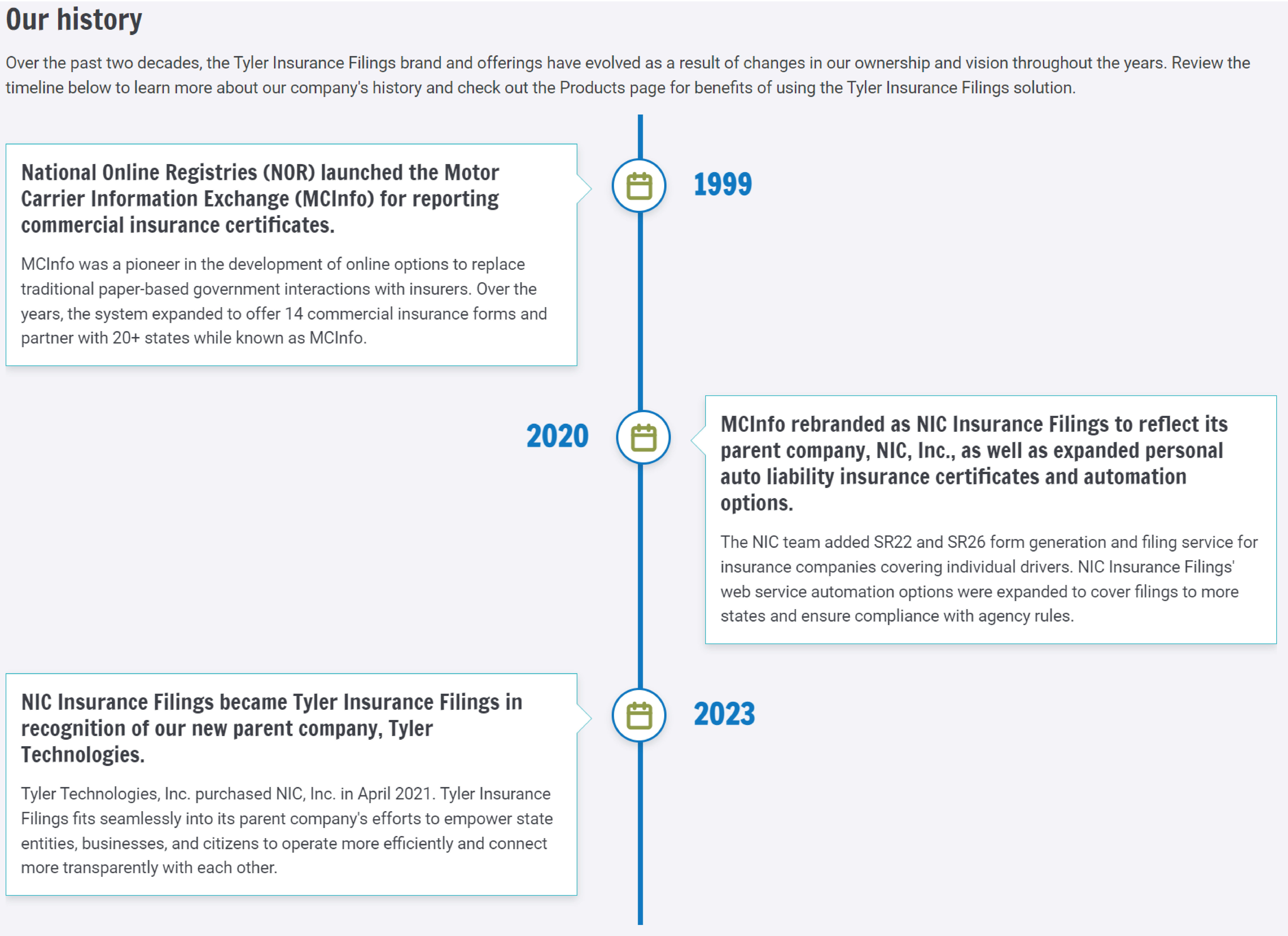 The About Us page features information about our company, our history, and our parent company, Tyler Technologies, Inc.