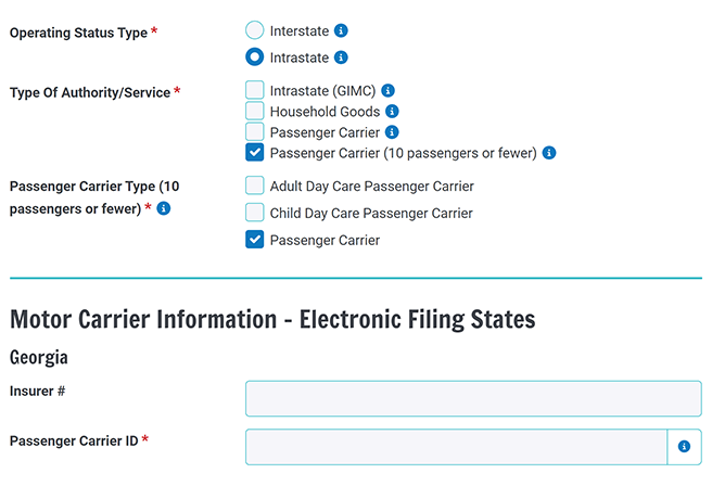 Graphic showing interface for regular Passenger Carrier vs Passenger Carrier 10 or fewer with no GIMC ID number requirement.