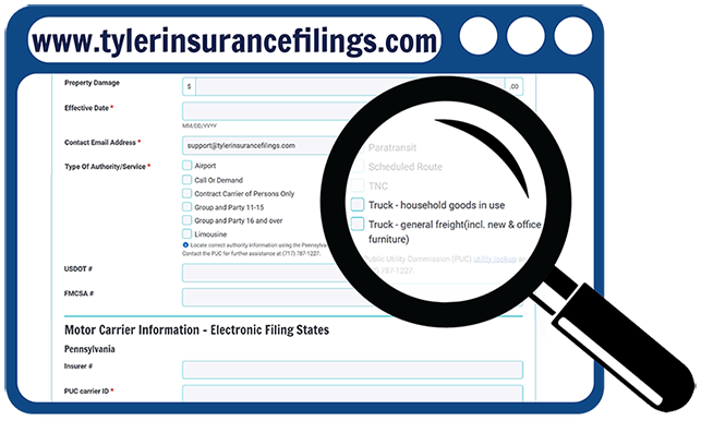 Interface for creating a Pennsylvania filing, showing the new authority type options,'Truck - household goods in use' and 'Truck - general freight (incl. new & office furniture)'