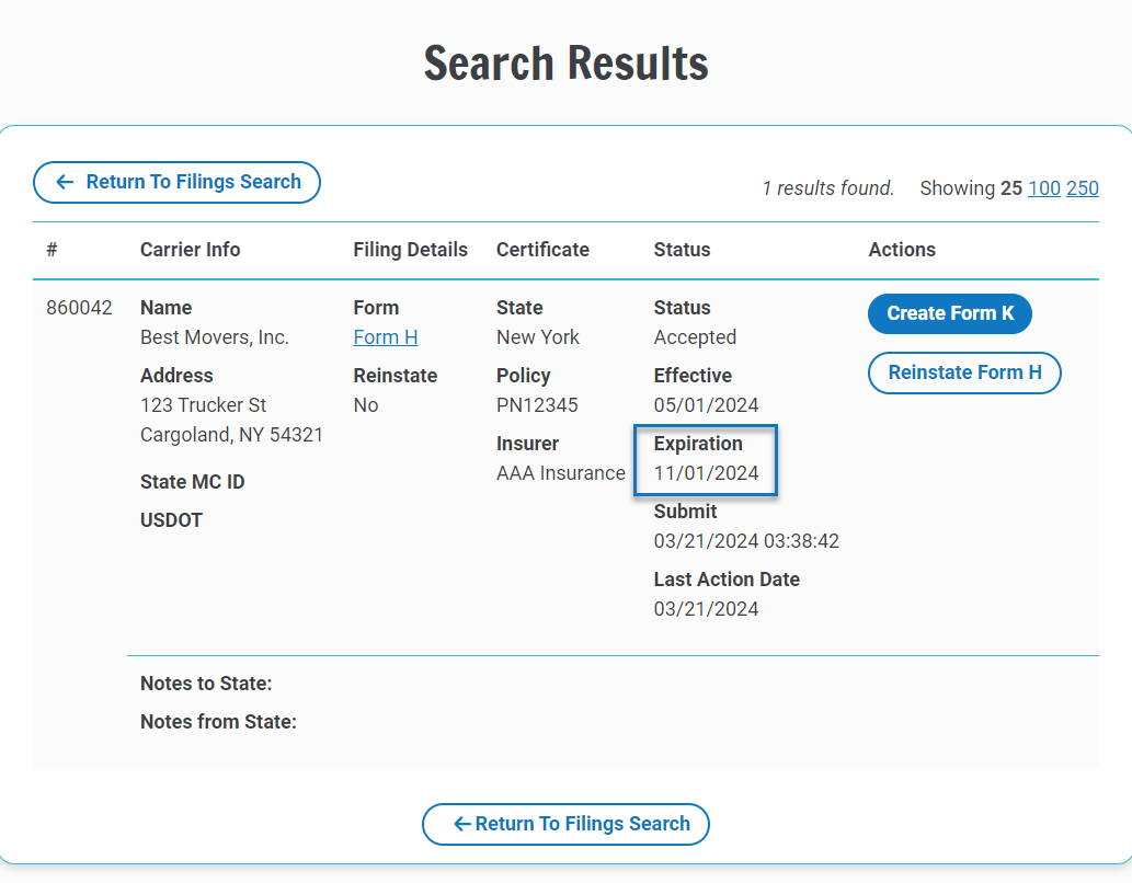 Screenshot of the Search Results page. When entered, the policy expiration date is recorded for a Form H filing.