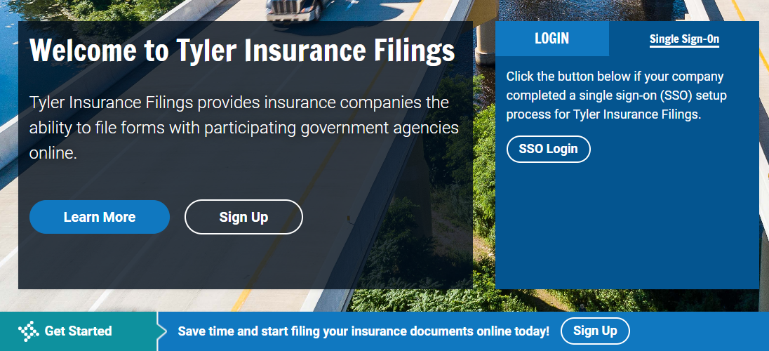 The login page for Tyler Insurance Filings now allows users to access single sign-on.