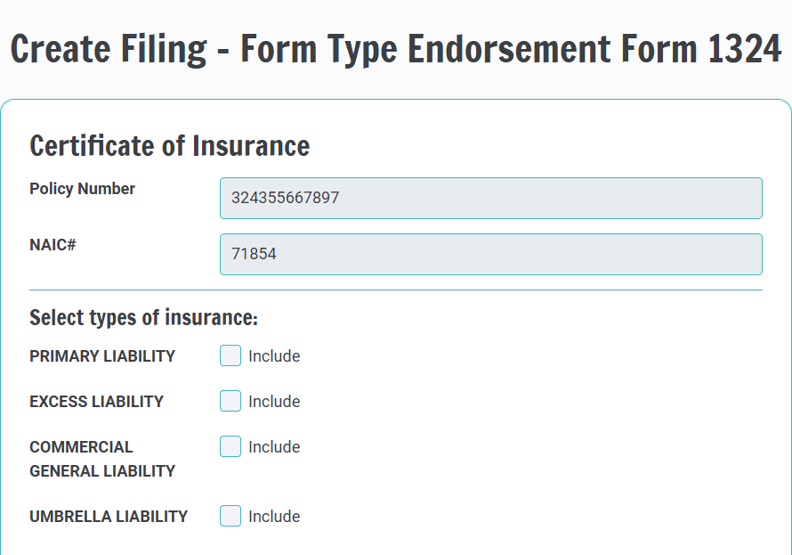 Filers can generate California insurance endorsement form, REG 1324, using Tyler Insurance Filings.