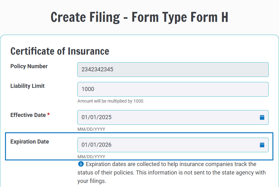 Users can add and save expiration dates on Form H filings for future tracking and reporting.