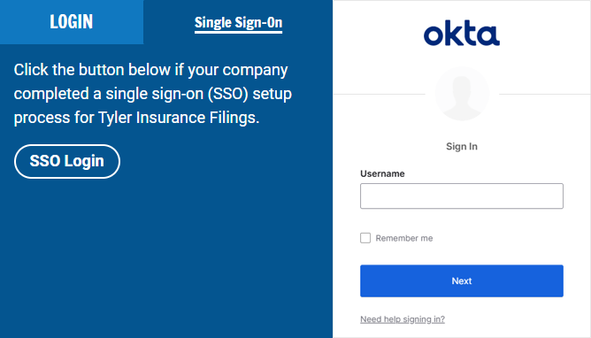 Tyler Insurance Filings users can login with single sign-on for easier and more secure system access.