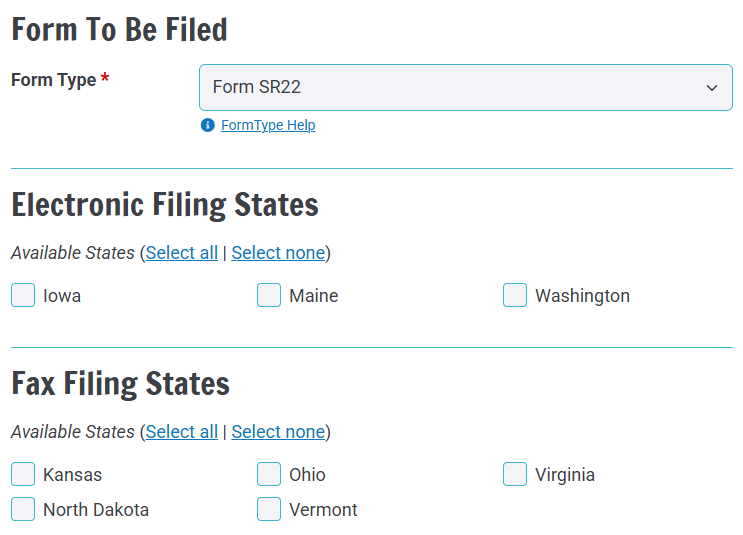 Screenshot of the Create Filing interface for submission of an electronic SR-22 form to Maine.