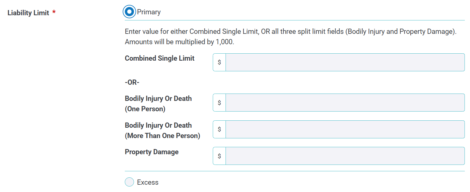 Screenshot showing type of insurance and liabilty limit fields.