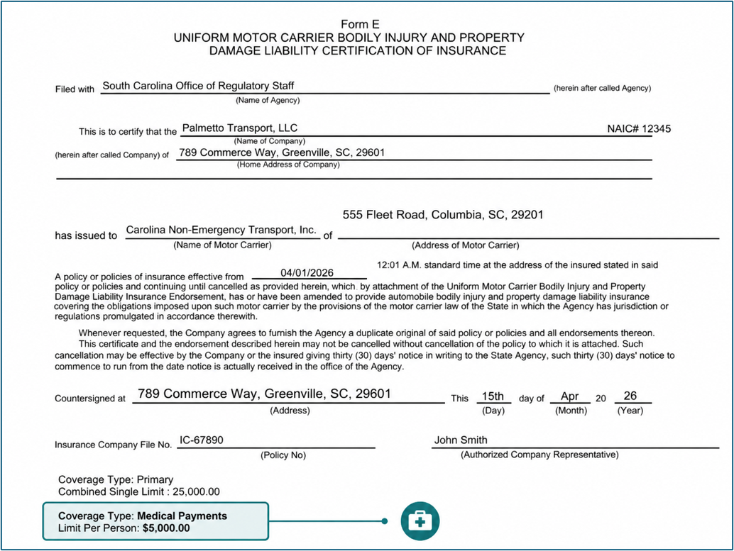 A Form E created in Tyler Insurance Filings displays medical payments on the form